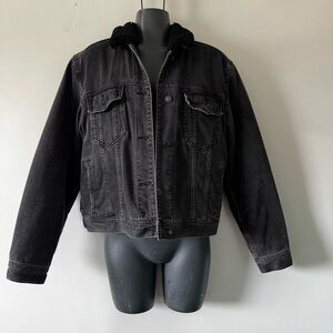 American Eagle Outfitters Dark Denim Jacket with Black Sherpa Collar